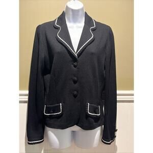 Vtg St John Santana Knit Black Jacket White Piping Crochet Hem Buttons Sz 2